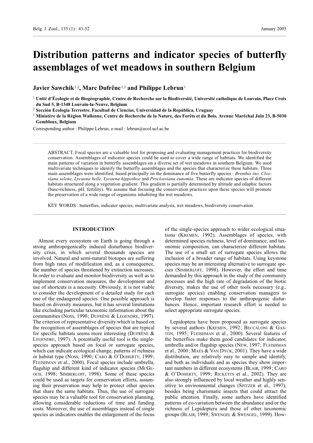 Distribution Patterns and Indicator Species of Butterfly Assemblages of Wet Meadows in Southern Belgium