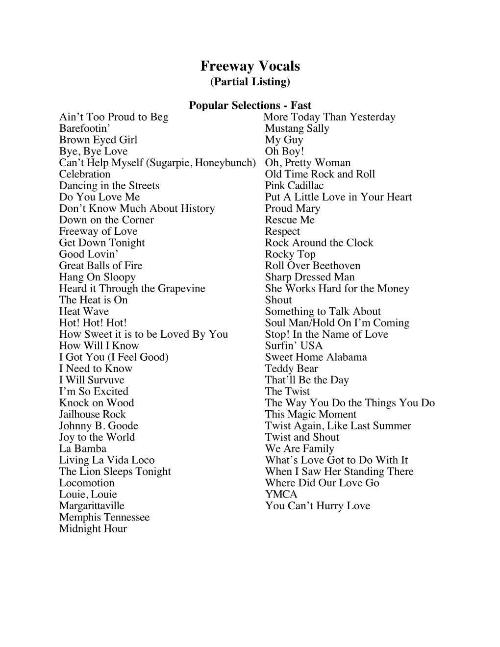 Freeway Vocals (Partial Listing)