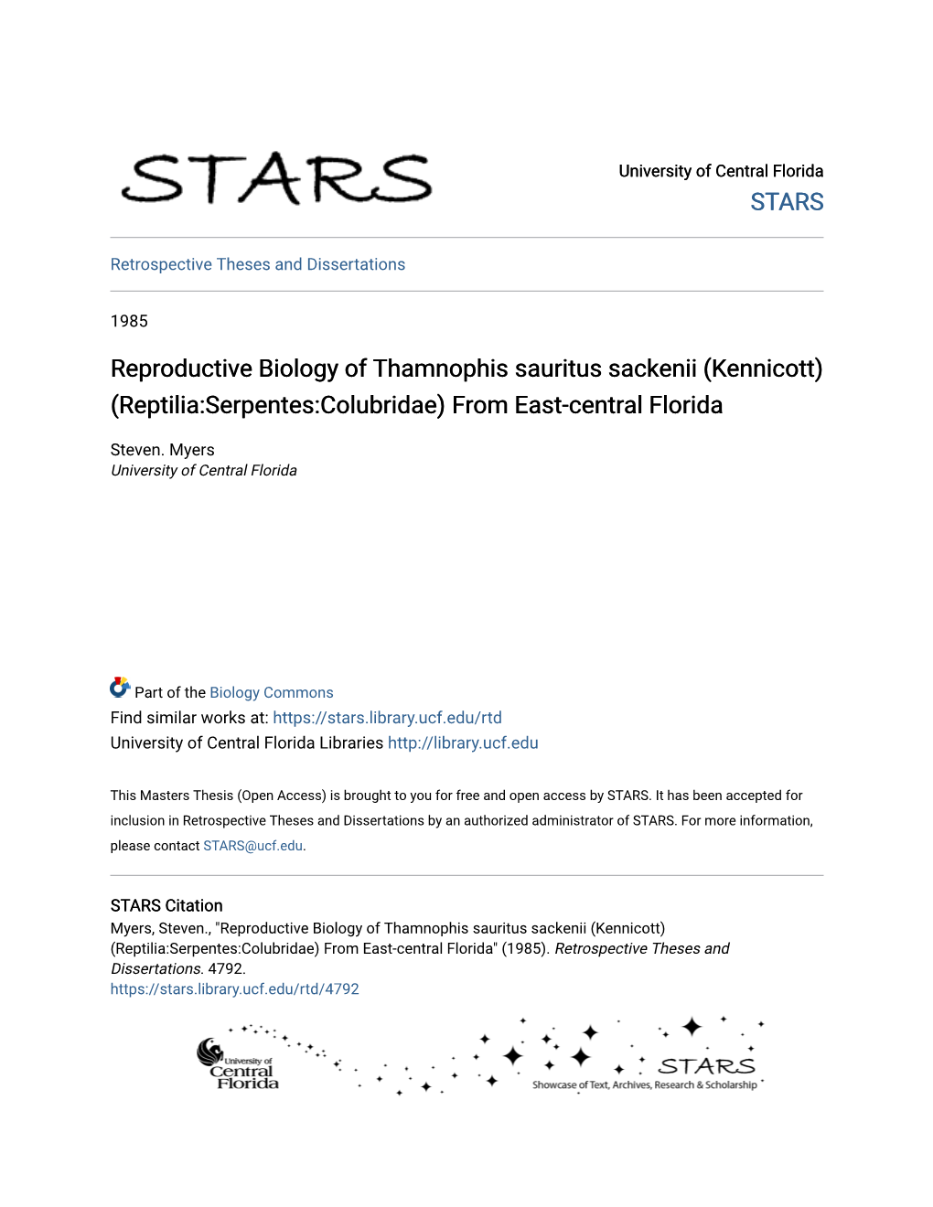 Reproductive Biology of Thamnophis Sauritus Sackenii (Kennicott) (Reptilia:Serpentes:Colubridae) from East-Central Florida