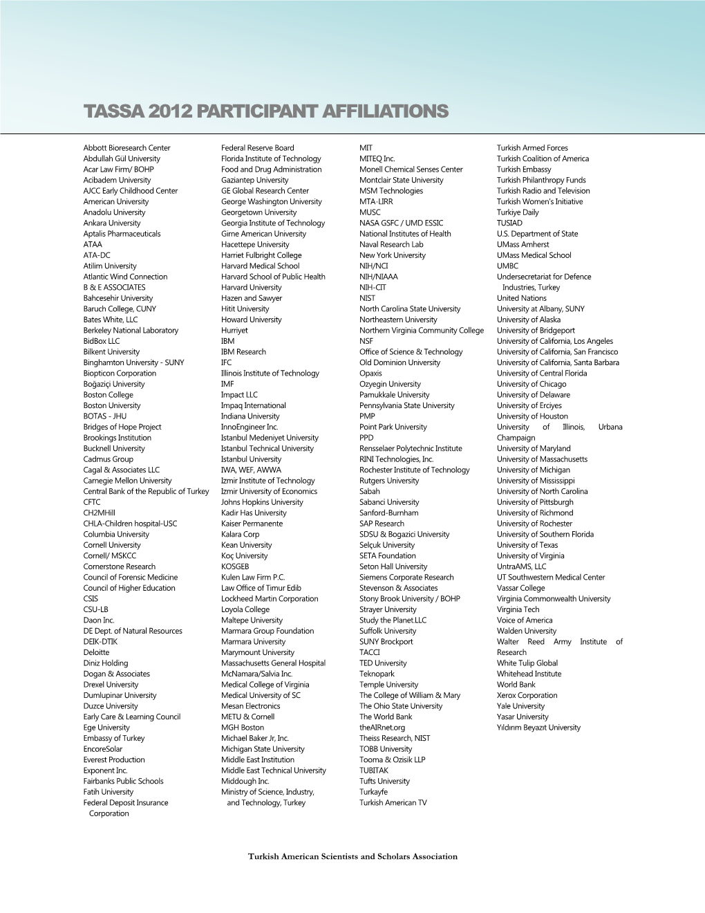 Tassa 2012 Participant Affiliations