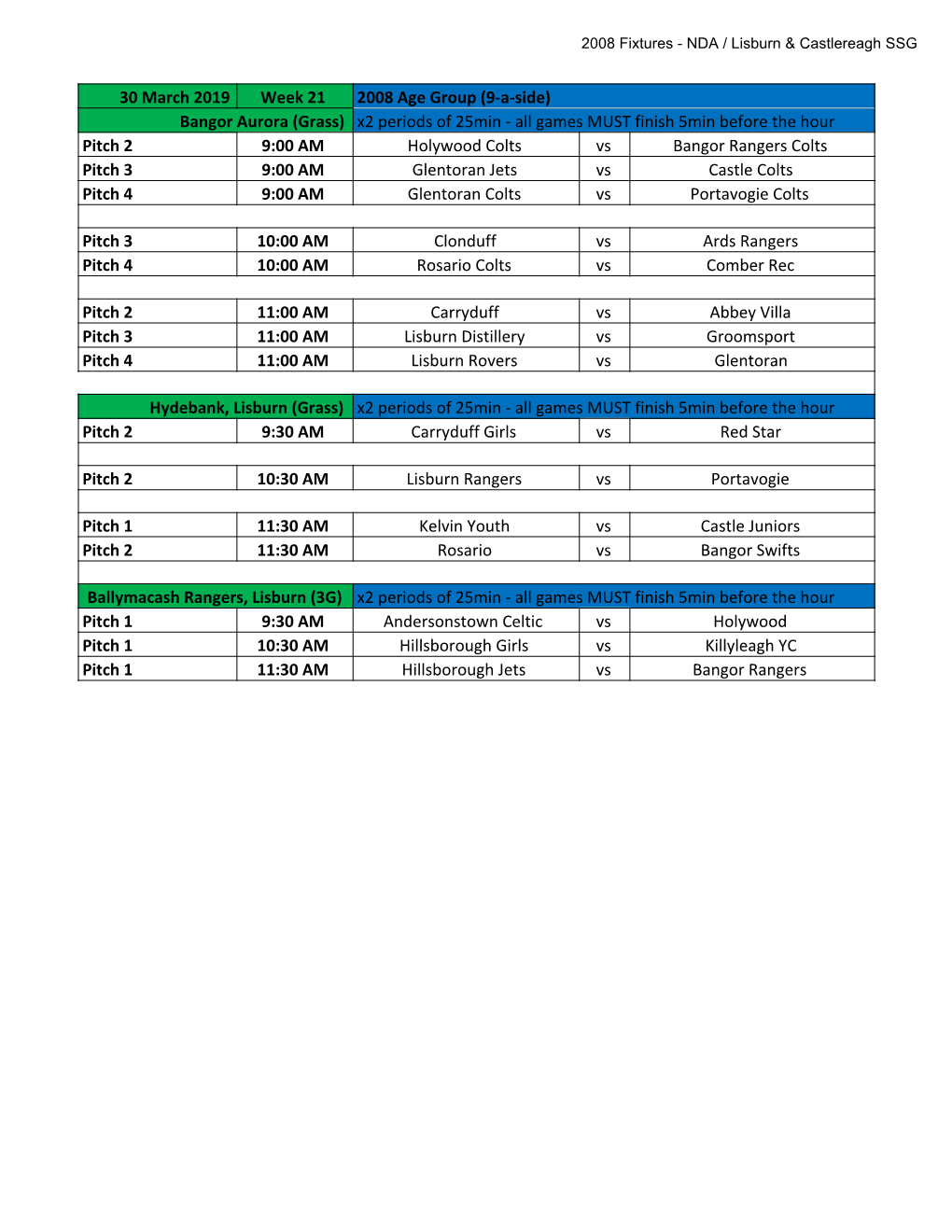 2008 Fixtures - NDA / Lisburn & Castlereagh SSG