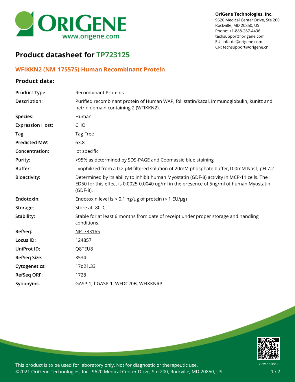 WFIKKN2 (NM 175575) Human Recombinant Protein – TP723125