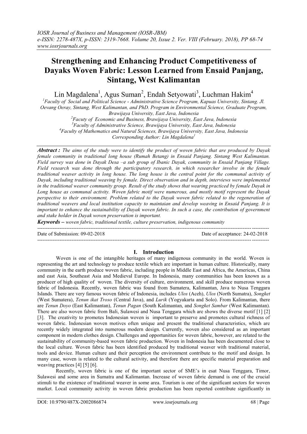 Strengthening and Enhancing Product Competitiveness of Dayaks Woven Fabric: Lesson Learned from Ensaid Panjang, Sintang, West Kalimantan