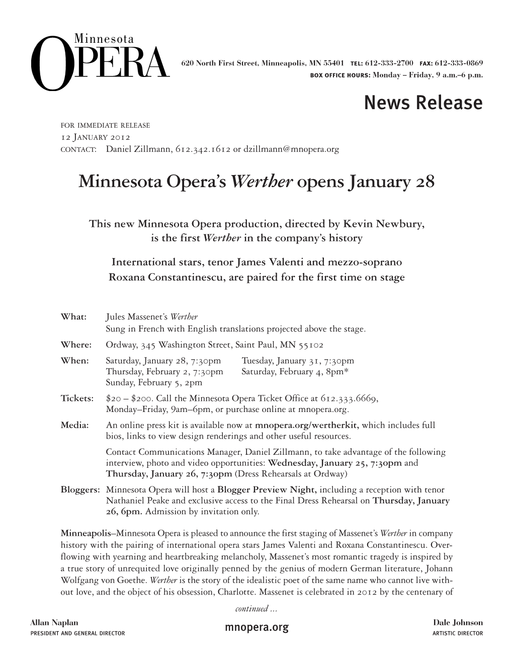 News Release Minnesota Opera's Werther Opens January 28