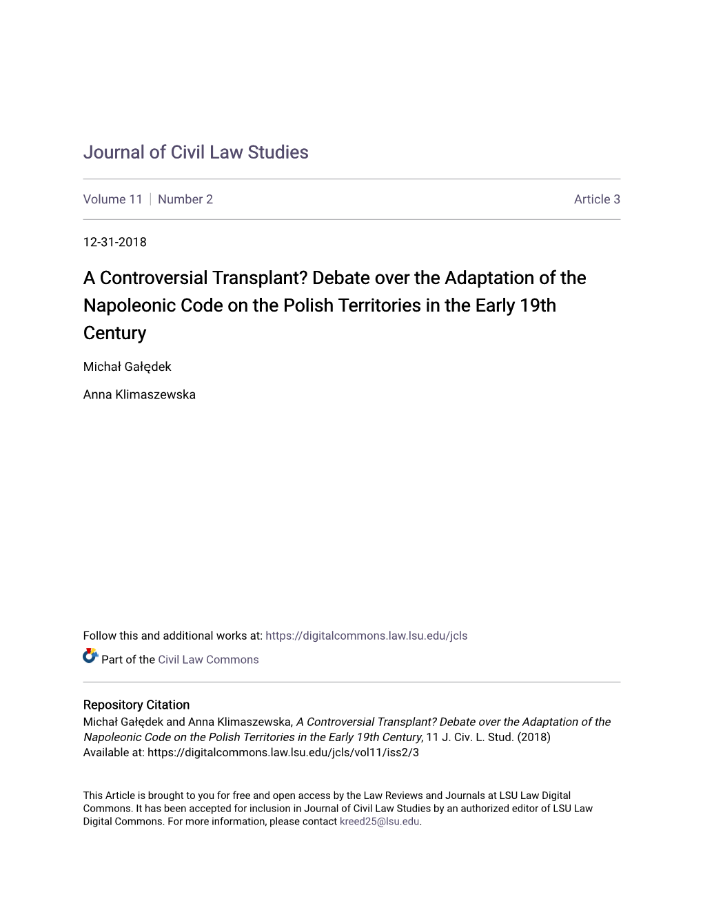 A Controversial Transplant? Debate Over the Adaptation of the Napoleonic Code on the Polish Territories in the Early 19Th Century