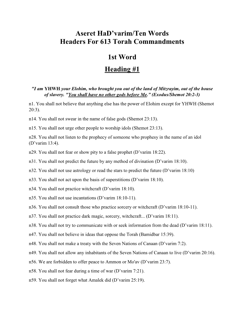 Aseret Had'varim/Ten Words Headers for 613 Torah Commandments 1St