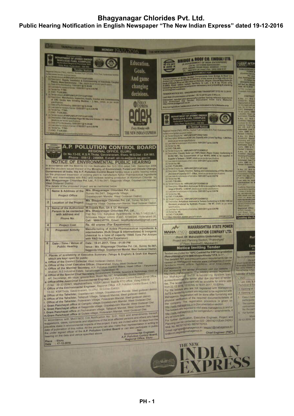 Bhagyanagar Chlorides Pvt. Ltd. Public Hearing Notification in English Newspaper “The New Indian Express” Dated 19-12-2016