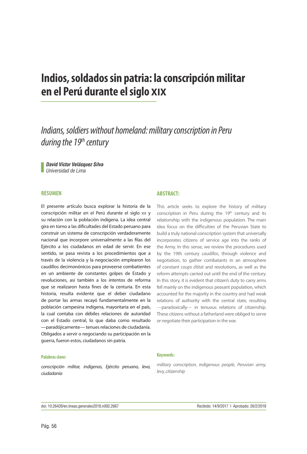 Indios, Soldados Sin Patria: La Conscripción Militar En El Perú Durante El Siglo Xix