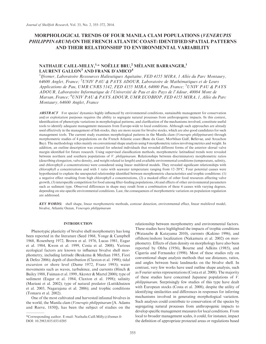 Morphological Trends of Four Manila Clam Populations