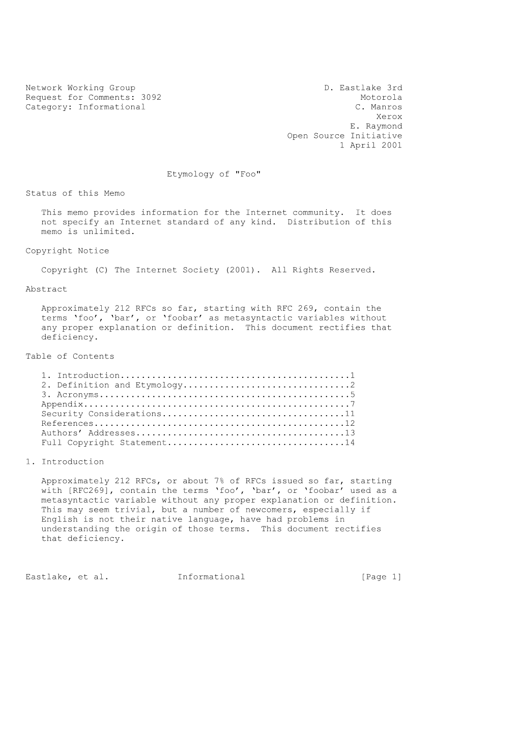 Network Working Group D. Eastlake 3Rd Request for Comments: 3092 Motorola Category: Informational C