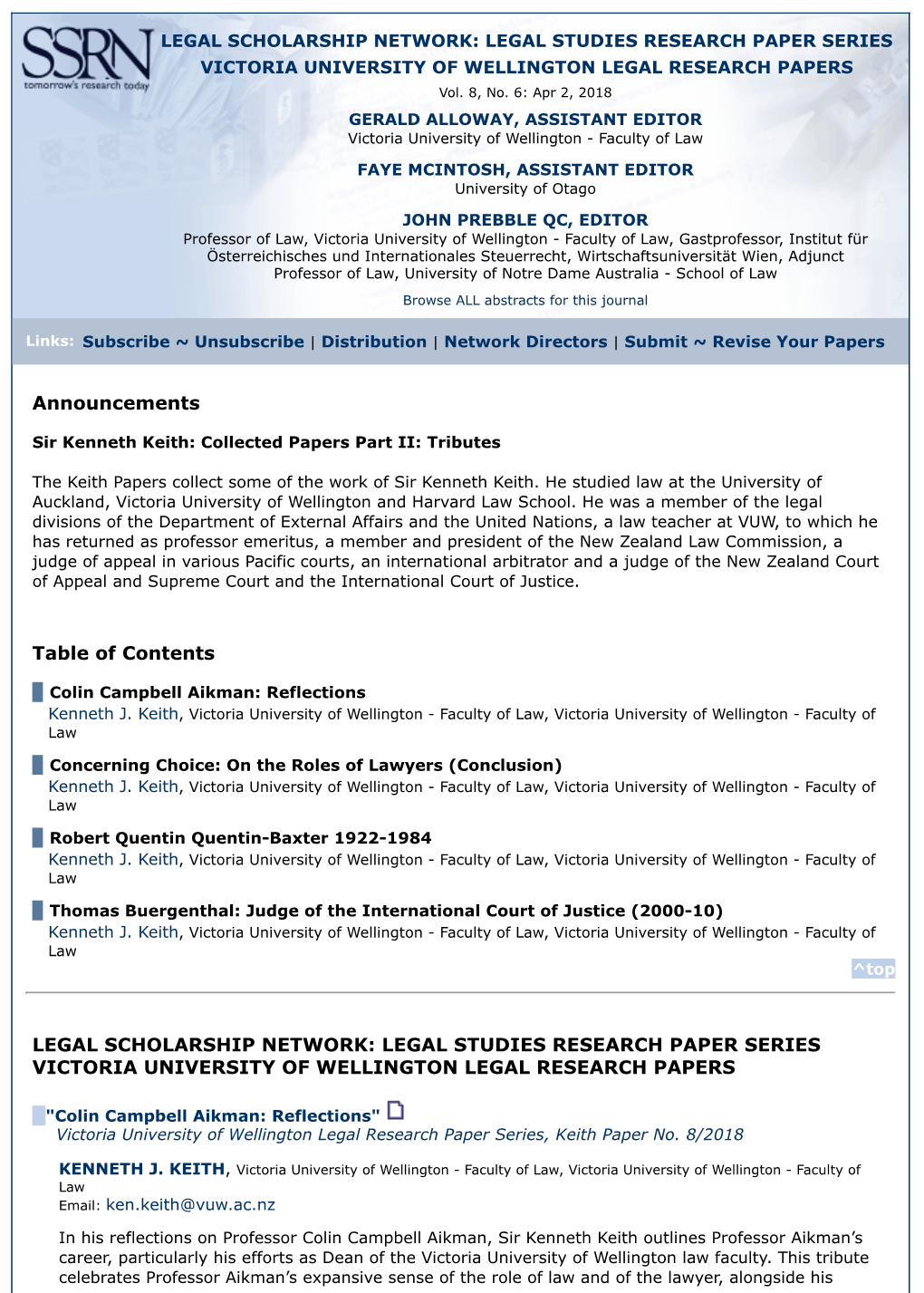 Announcements Table of Contents