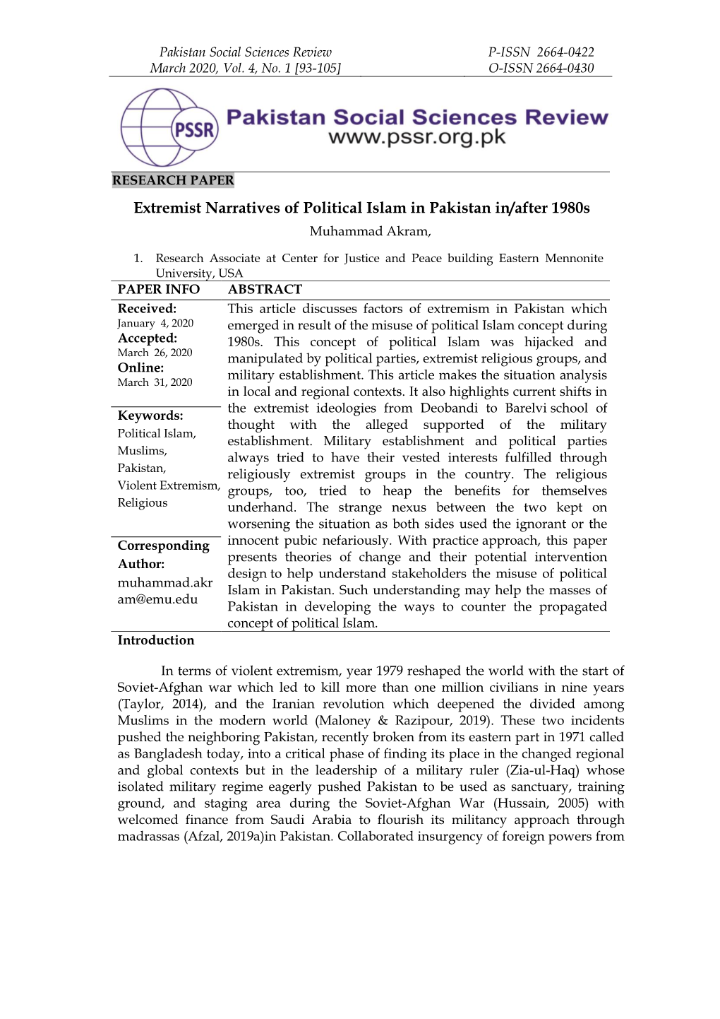 Extremist Narratives of Political Islam in Pakistan In/After 1980S