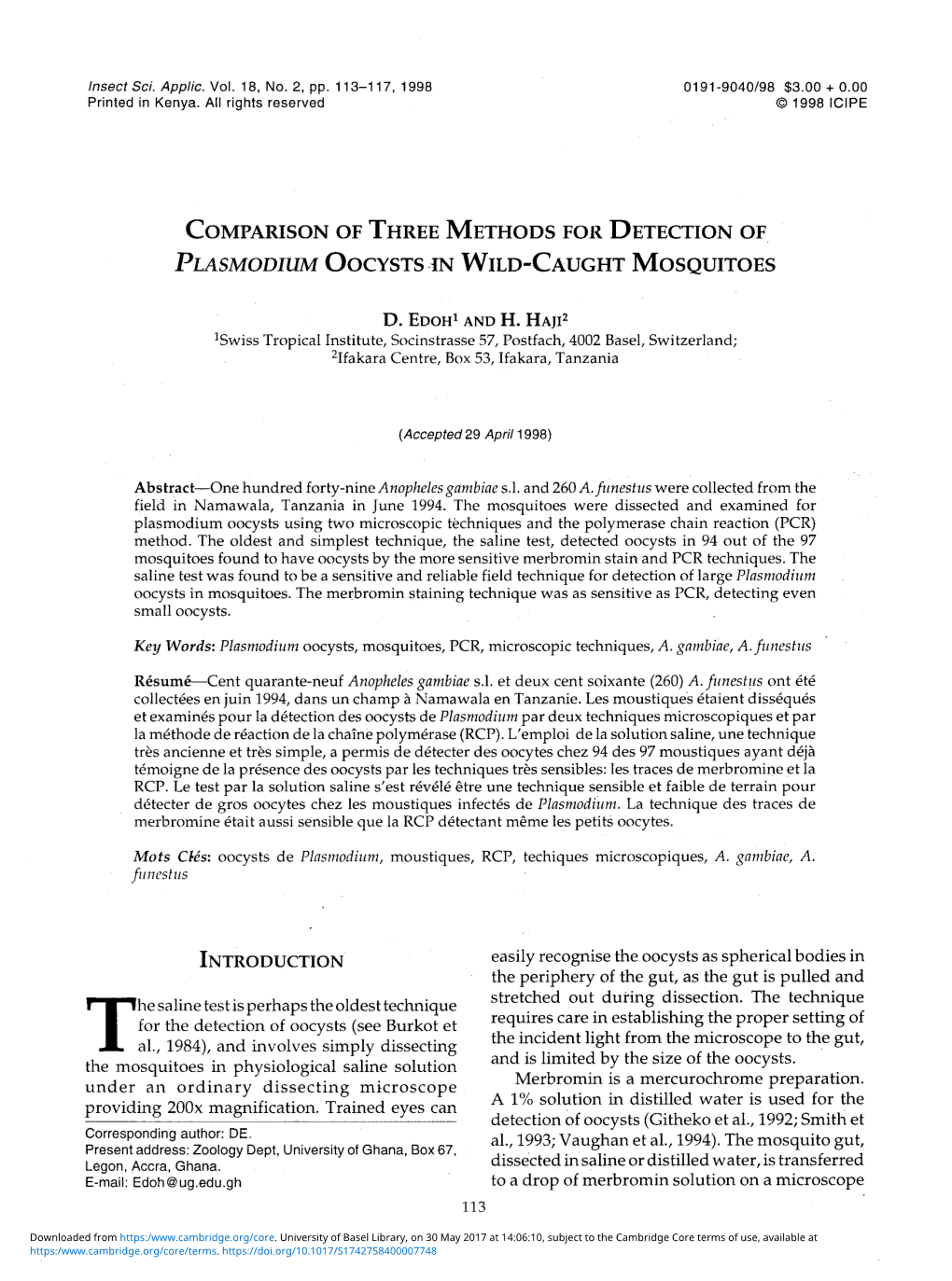 Comparison of Three Methods for Detection of Plasmodium Oocysts in Wild-Caught Mosquitoes