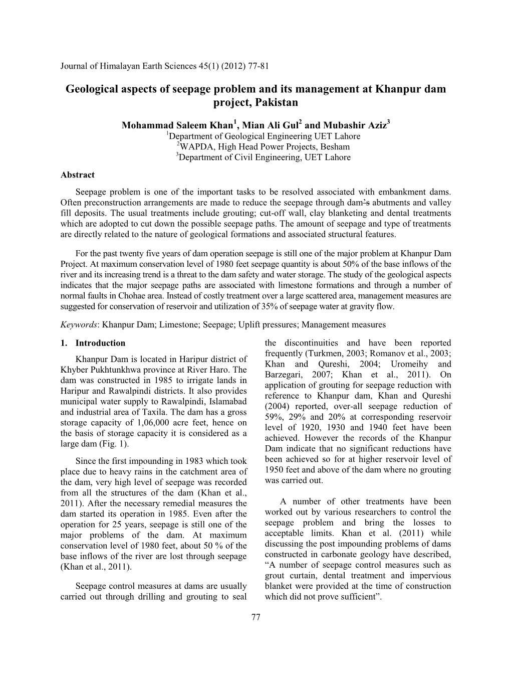 Geological Aspects of Seepage Problem and Its Management at Khanpur Dam Project, Pakistan