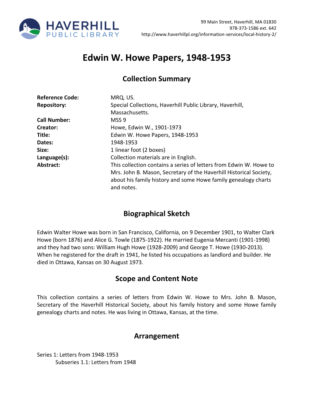 Edwin W. Howe Papers, 1948-1953
