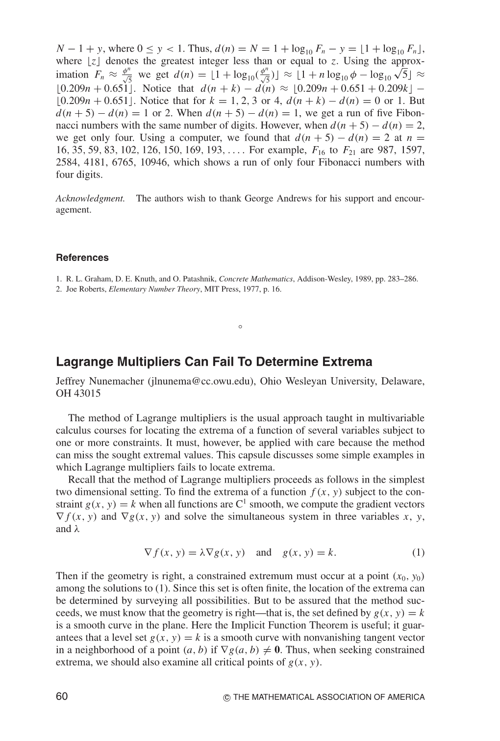 Lagrange Multipliers Can Fail to Determine Extrema Jeffrey Nunemacher (Jlnunema@Cc.Owu.Edu), Ohio Wesleyan University, Delaware, OH 43015