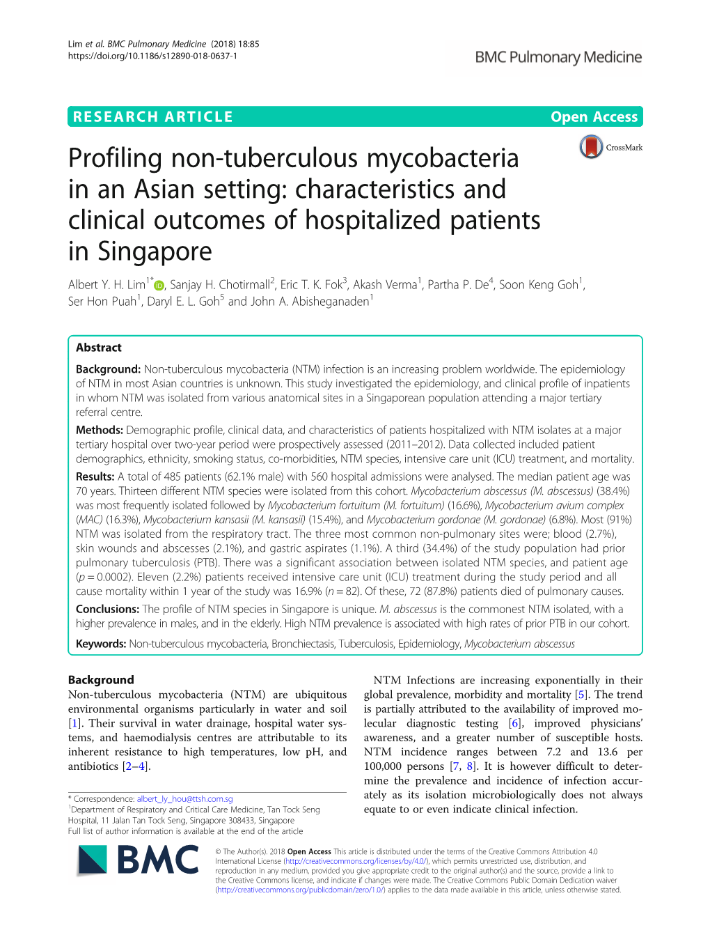 Profiling Non-Tuberculous Mycobacteria in an Asian Setting: Characteristics and Clinical Outcomes of Hospitalized Patients in Singapore Albert Y