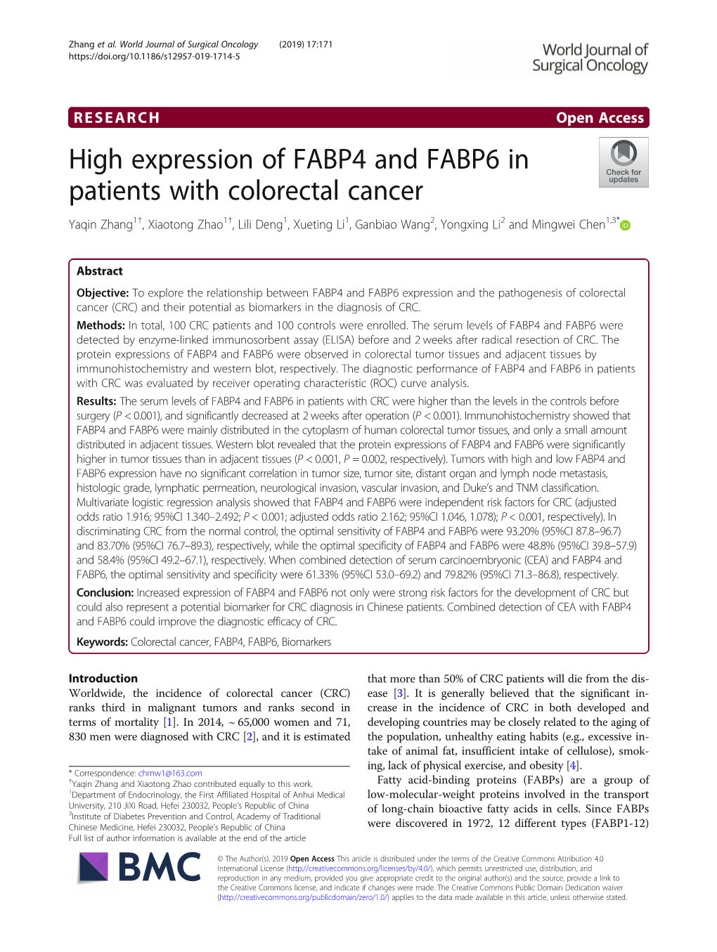 High Expression of FABP4 and FABP6 in Patients with Colorectal Cancer