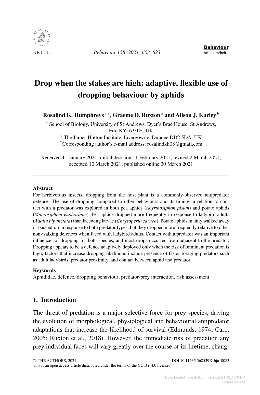 Adaptive, Flexible Use of Dropping Behaviour by Aphids