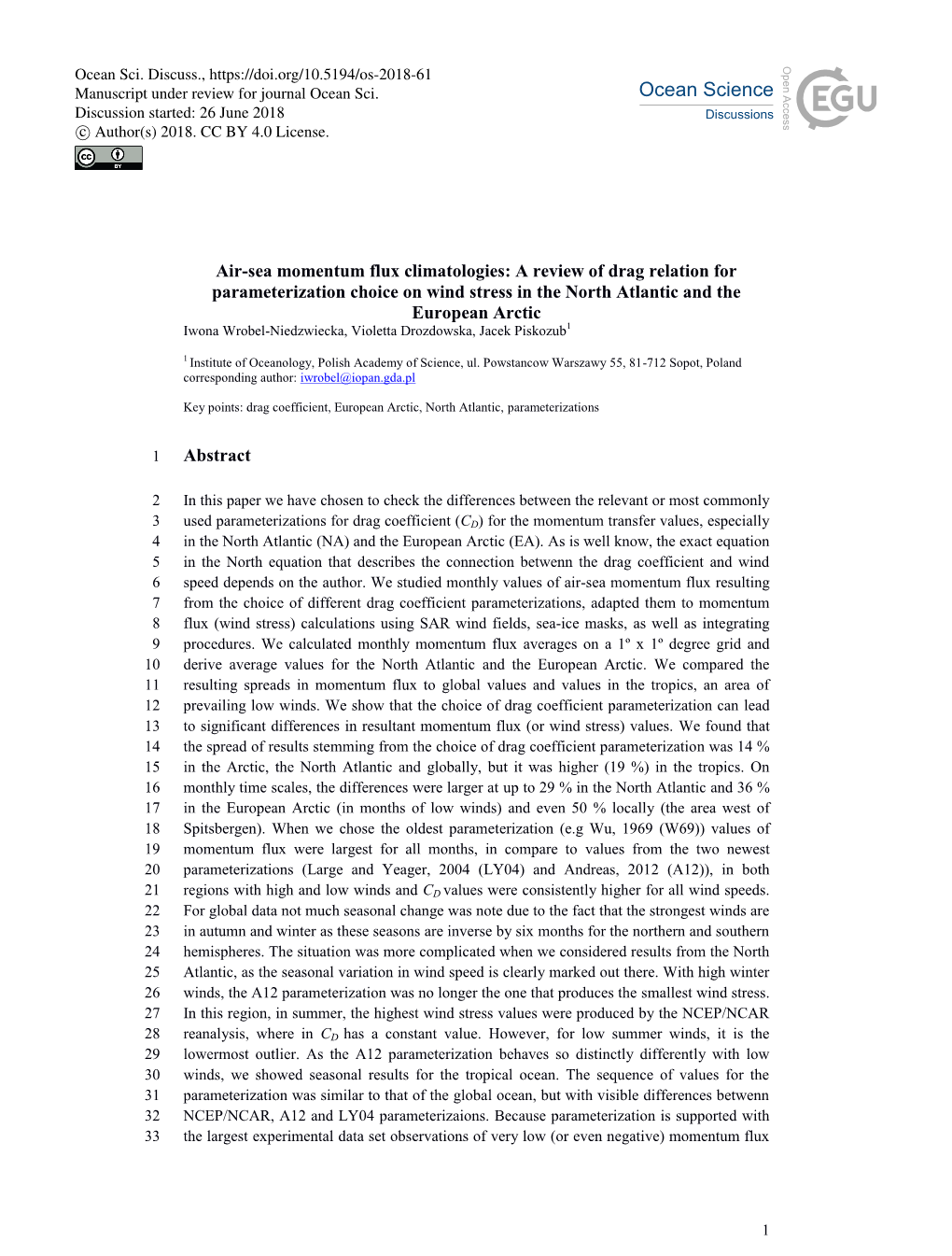 Air-Sea Momentum Flux Climatologies: a Review of Drag Relation for Parameterization Choice on Wind Stress in the North Atlantic