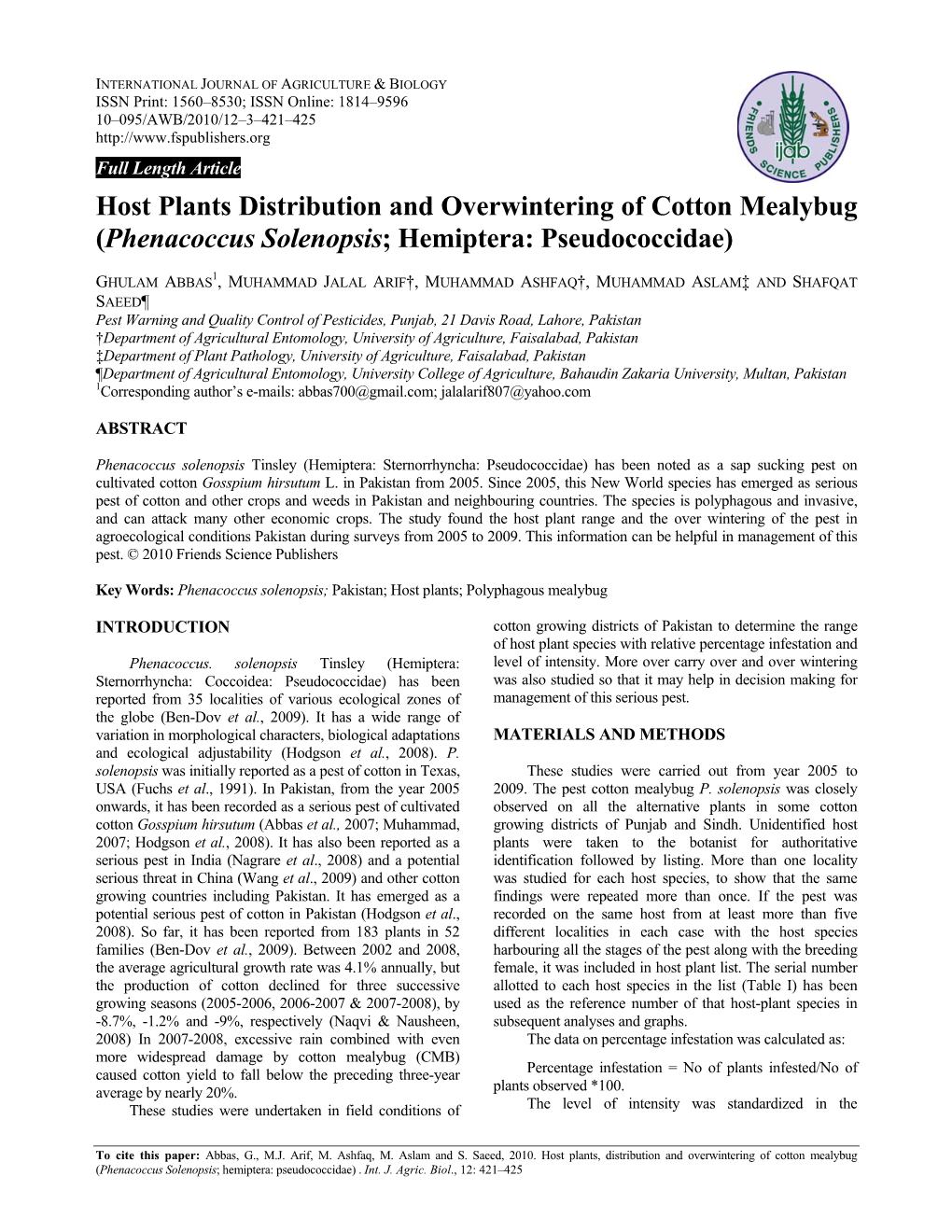 Host Plants Distribution and Overwintering of Cotton Mealybug (Phenacoccus Solenopsis; Hemiptera: Pseudococcidae)