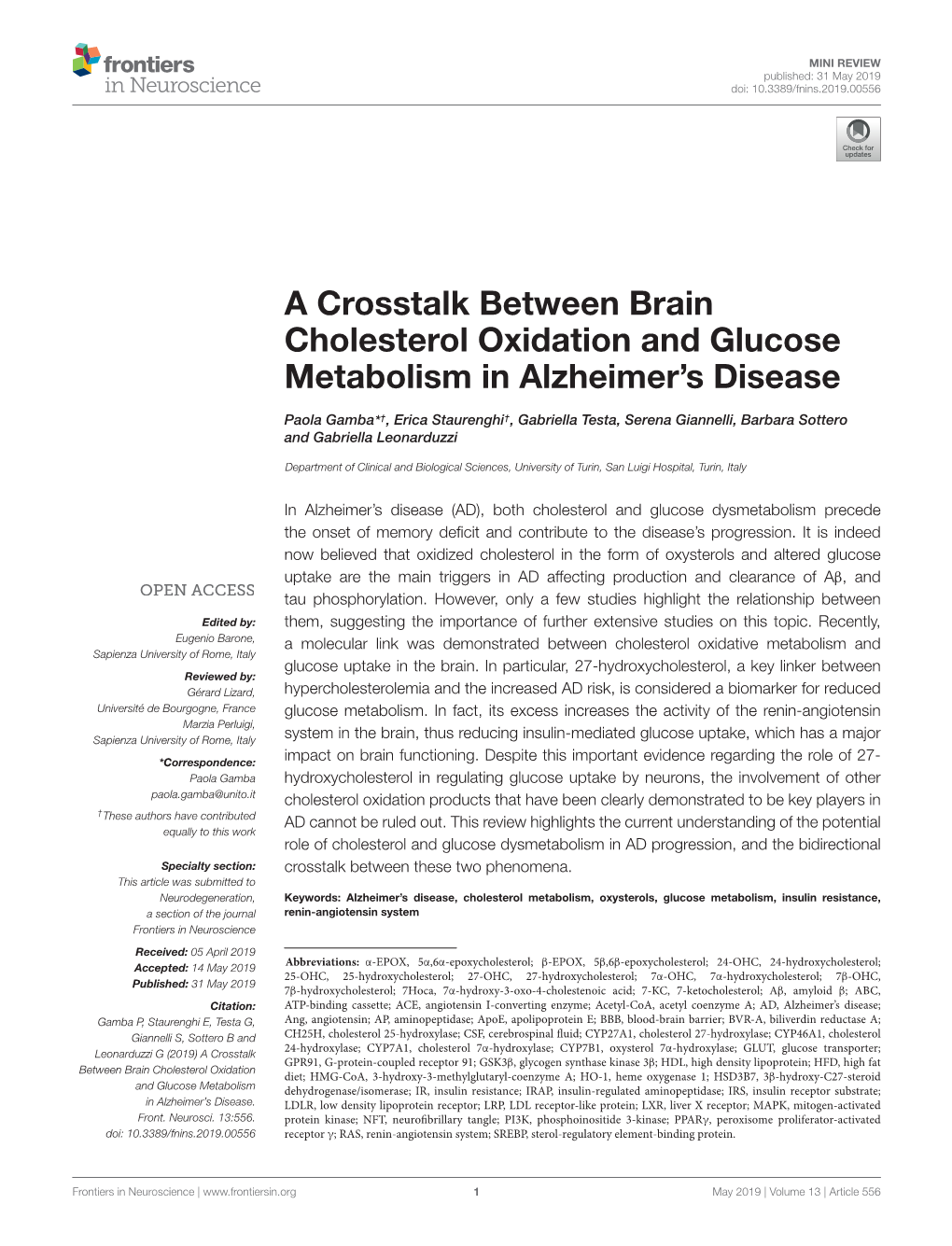 A Crosstalk Between Brain Cholesterol Oxidation and Glucose Metabolism in Alzheimer’S Disease