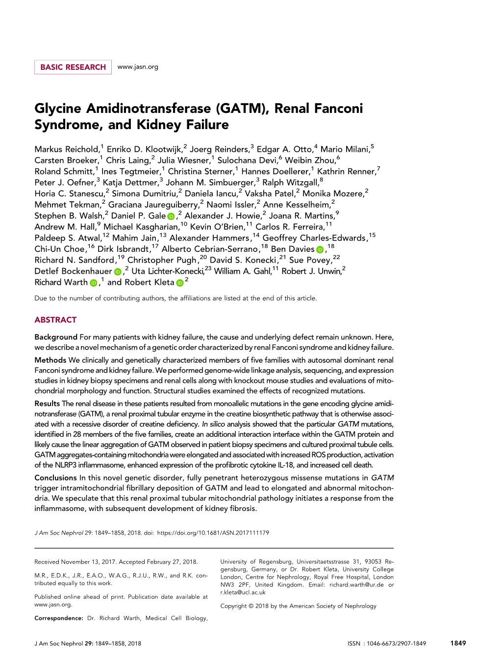 Glycine Amidinotransferase (GATM), Renal Fanconi Syndrome, and Kidney Failure