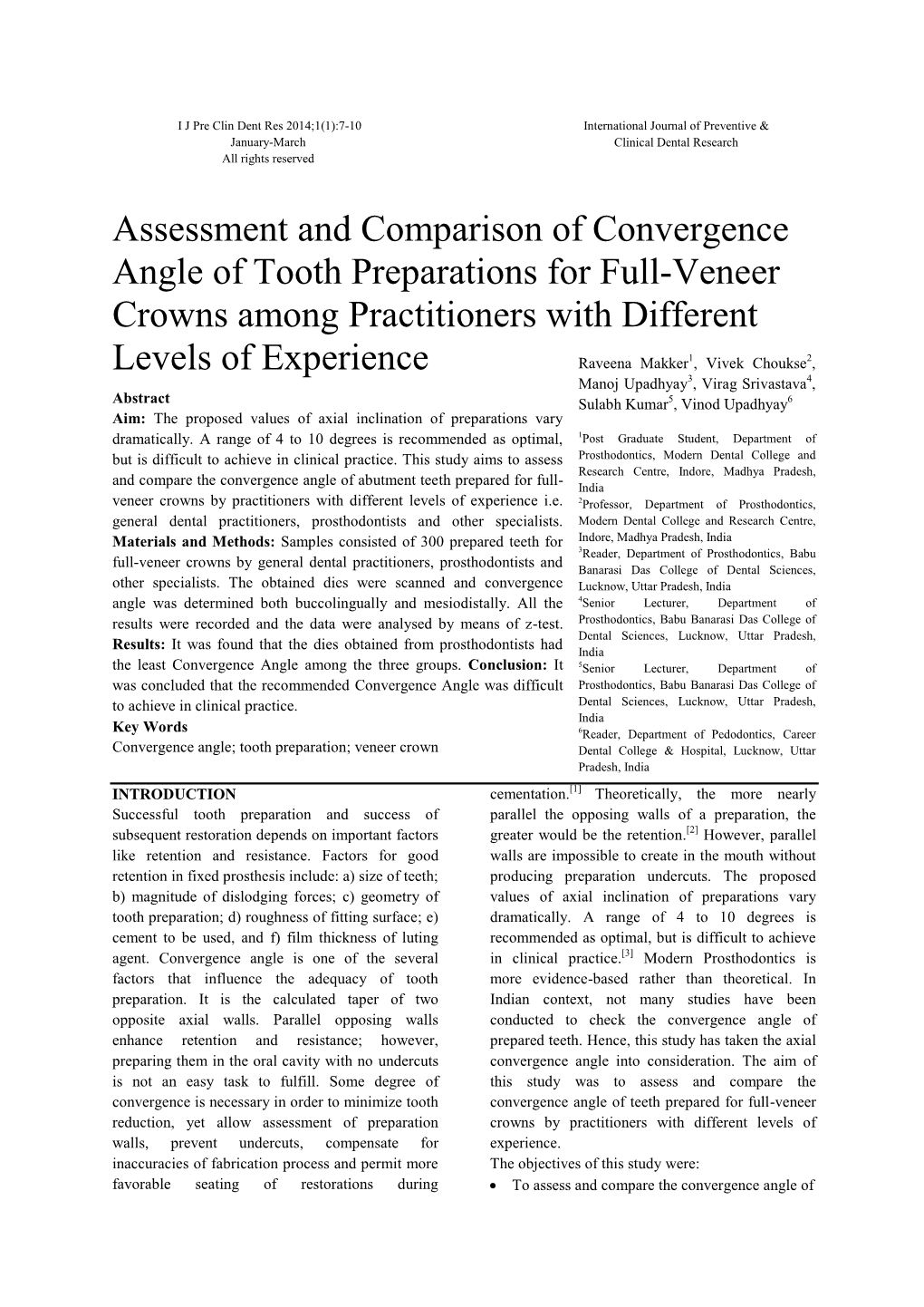 Assessment and Comparison of Convergence Angle of Tooth Preparations for Full-Veneer Crowns Among Practitioners with Different