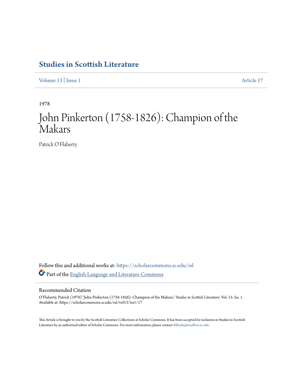 John Pinkerton (1758-1826): Champion of the Makars Patrick O'flaherty