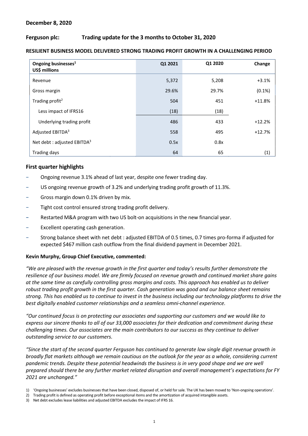 Ferguson 2021 Q1 Announcement