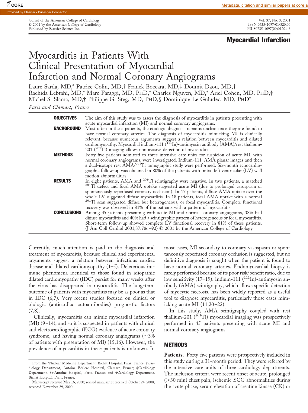 Myocarditis in Patients with Clinical Presentation of Myocardial