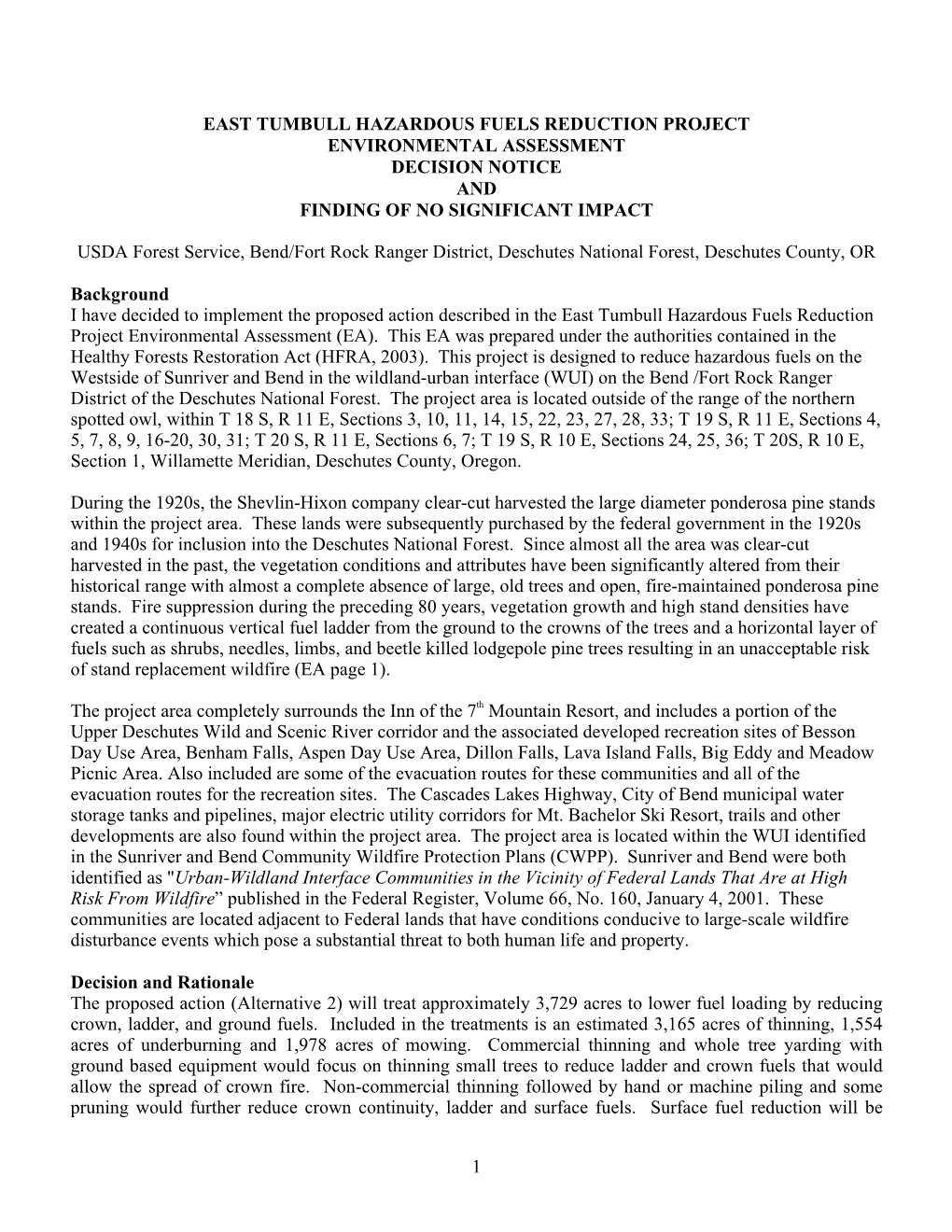 East Tumbull Hazardous Fuels Reduction Project Environmental Assessment Decision Notice and Finding of No Significant Impact