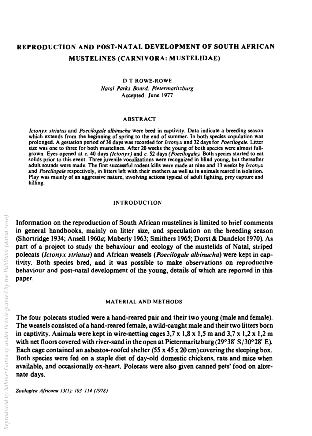 Information on the Reproduction of South African Mustelines Is Limited to Brief Comments 2