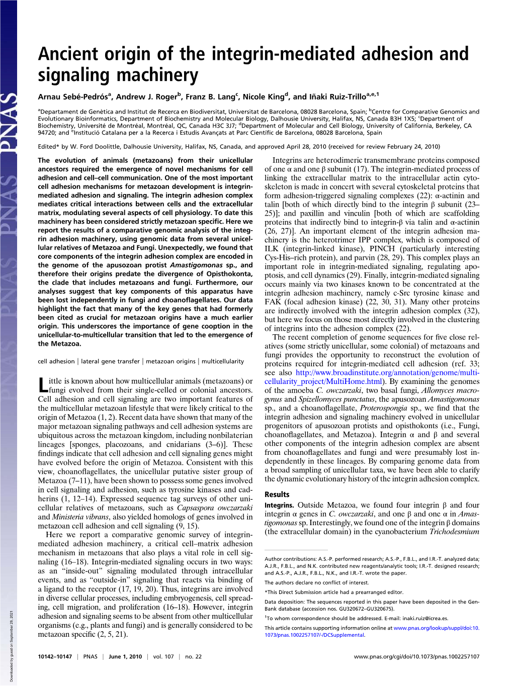 Ancient Origin of the Integrin-Mediated Adhesion and Signaling Machinery