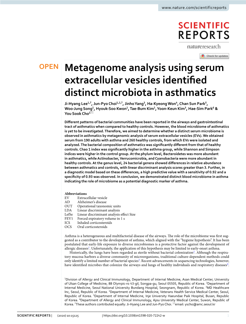 Metagenome Analysis Using Serum Extracellular Vesicles Identified