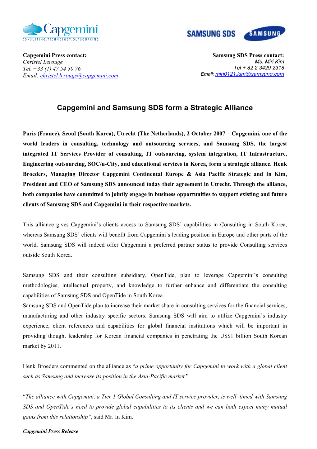 Capgemini and Samsung SDS Form a Strategic Alliance