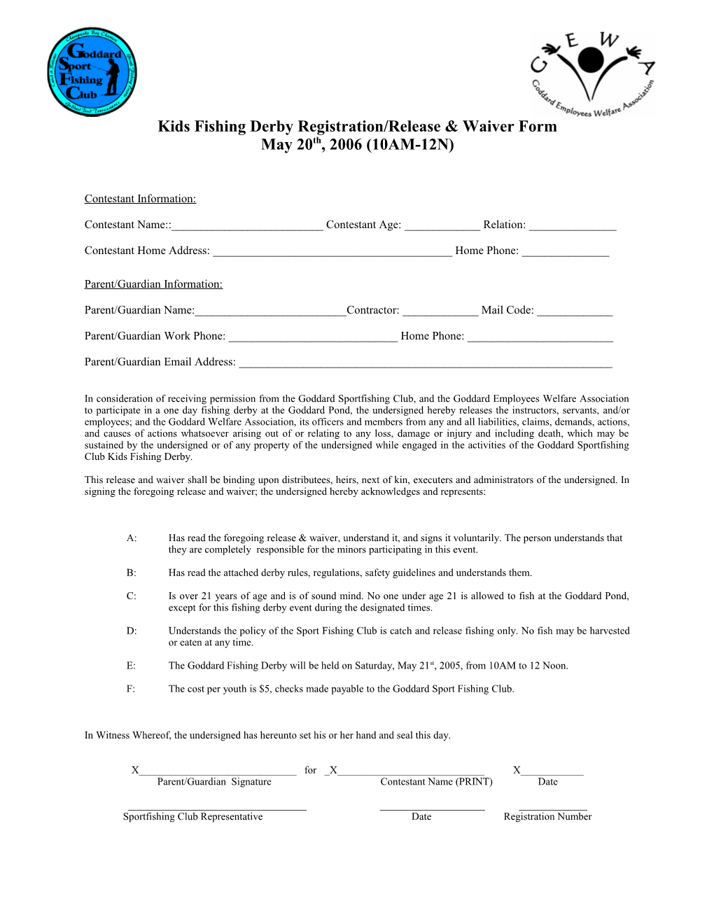 Kids Fishing Derby Registration/Release & Waiver Form
