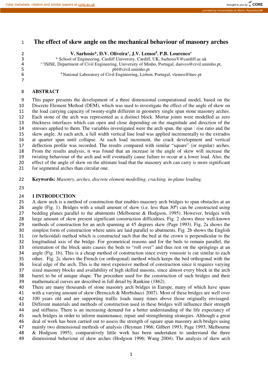 The Effect of Skew Angle on the Mechanical Behaviour of Masonry Arches