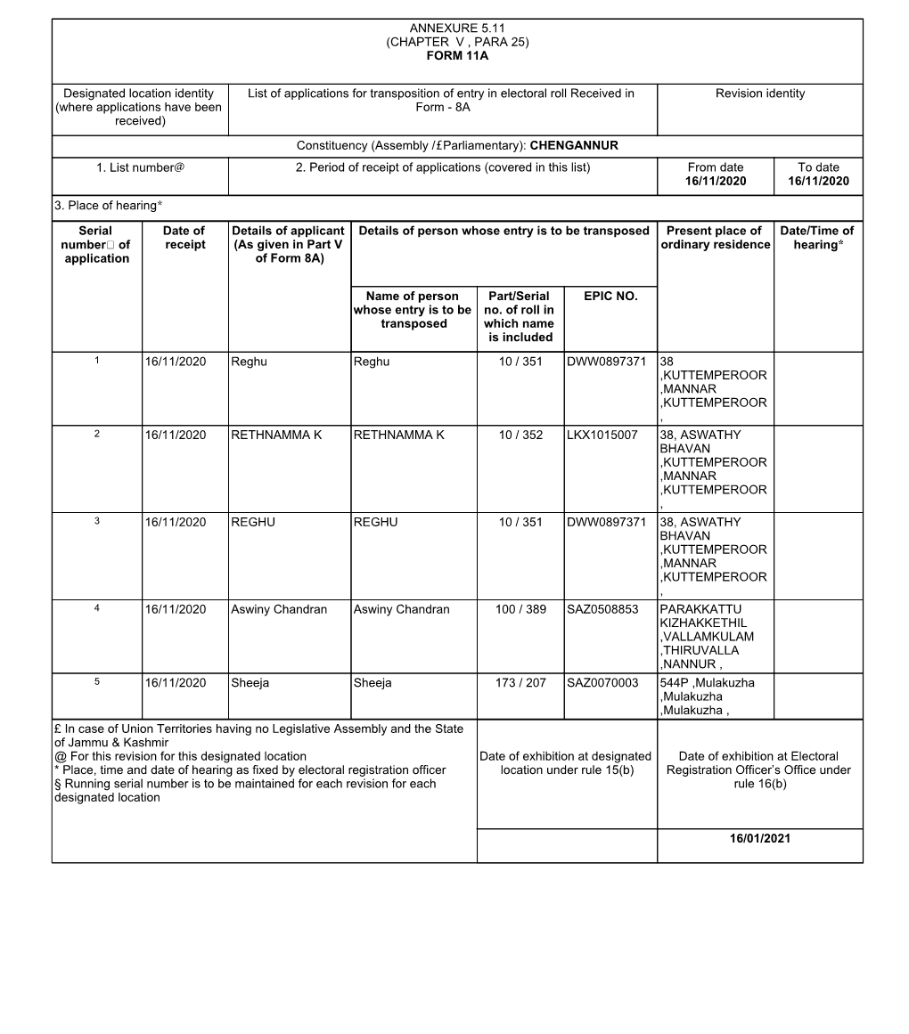 (CHAPTER V , PARA 25) FORM 11A Designated Location Identity