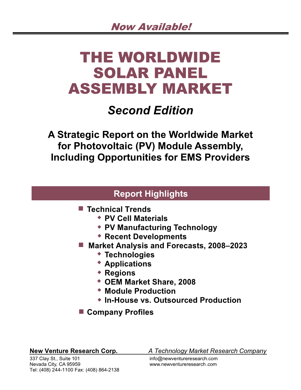 THE WORLDWIDE SOLAR PANEL ASSEMBLY MARKET Second Edition