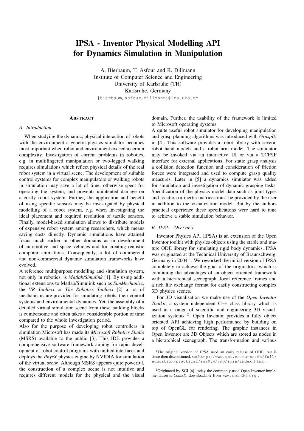 IPSA - Inventor Physical Modelling API for Dynamics Simulation in Manipulation