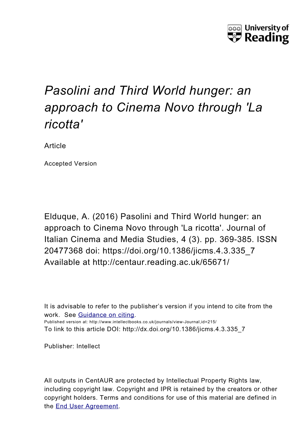 Pasolini and Third World Hunger: an Approach to Cinema Novo Through 'La Ricotta'