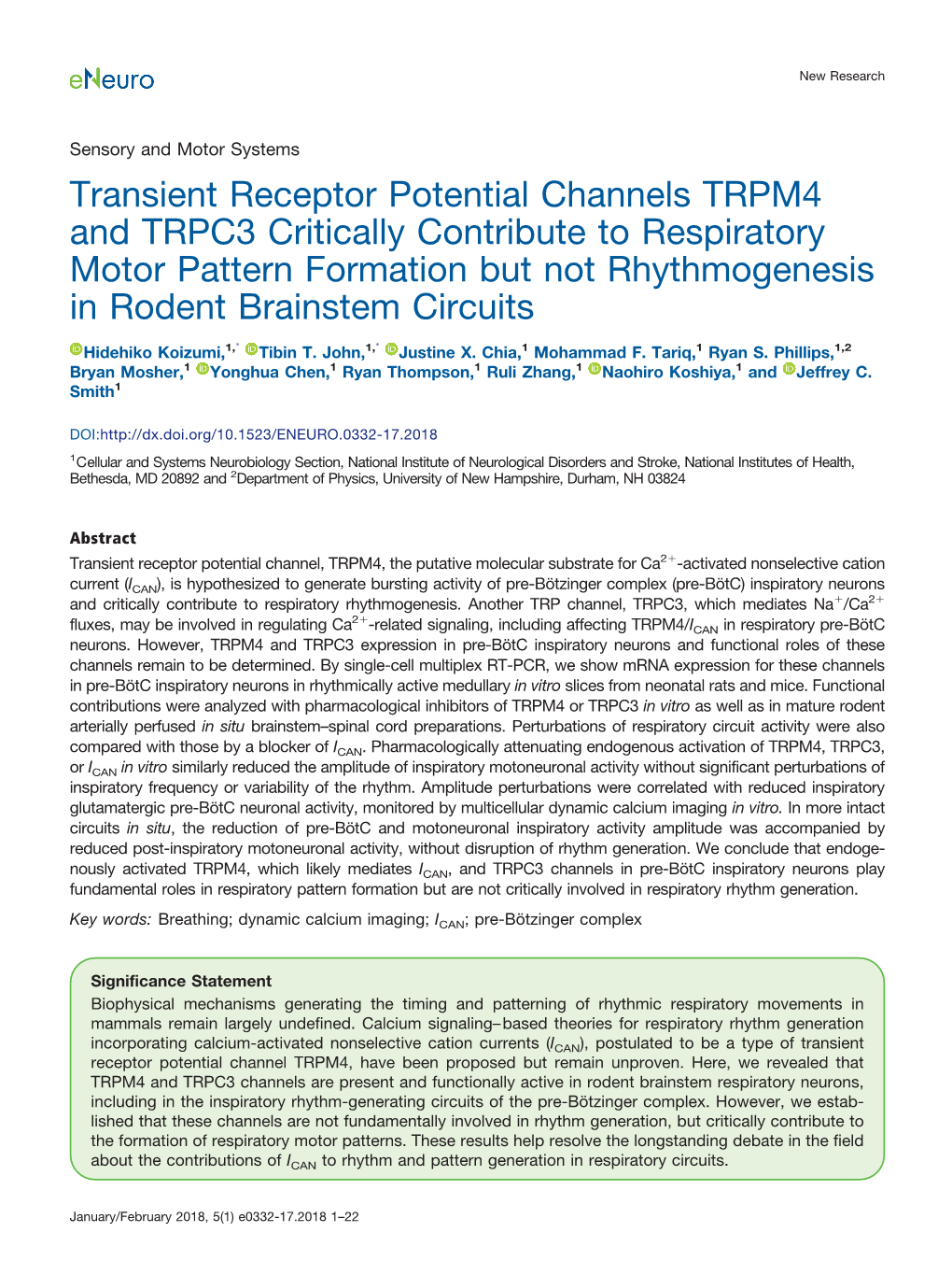 Transient Receptor Potential Channels TRPM4 and TRPC3 Critically Contribute to Respiratory Motor Pattern Formation but Not Rhythmogenesis in Rodent Brainstem Circuits
