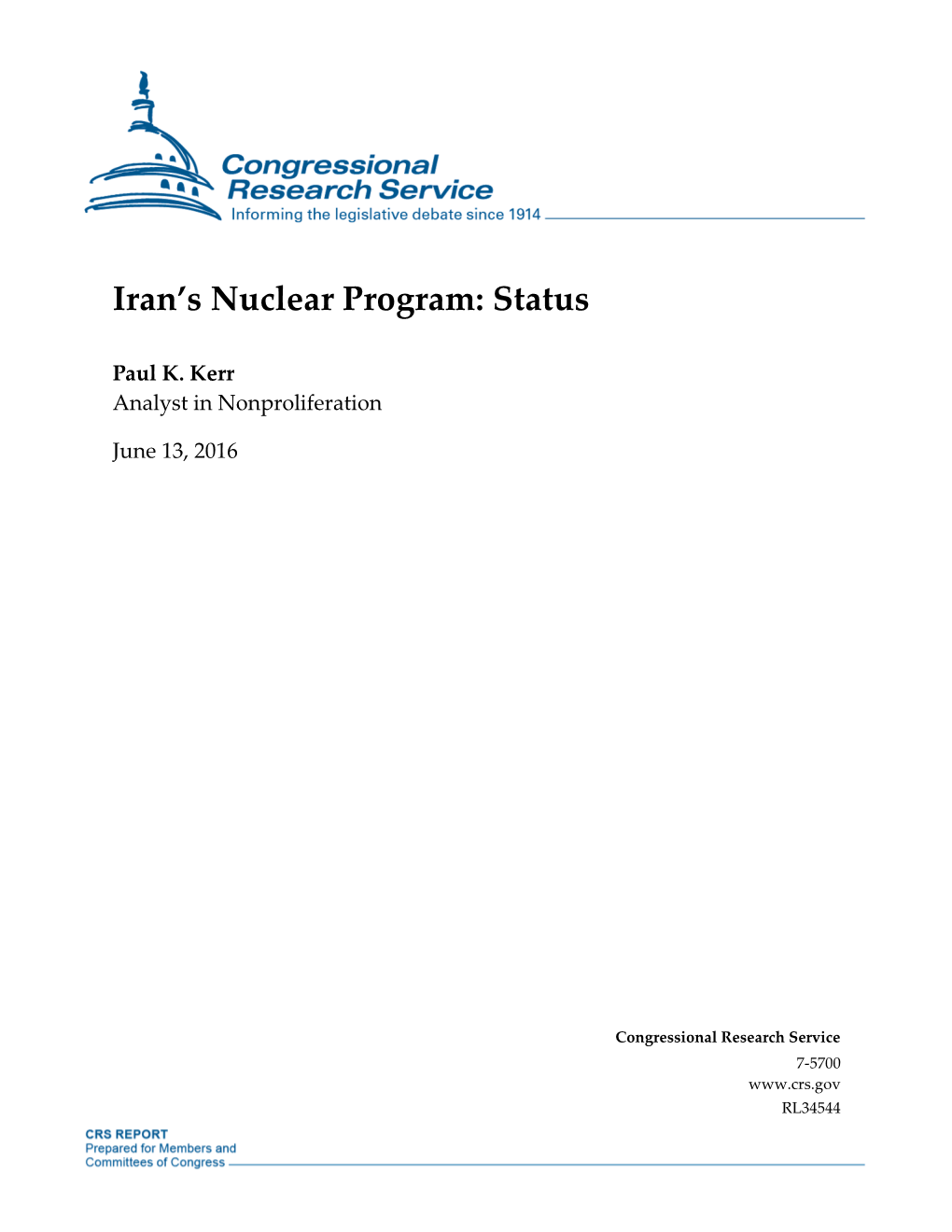 CRS Report: Iran's Nuclear Program: Status