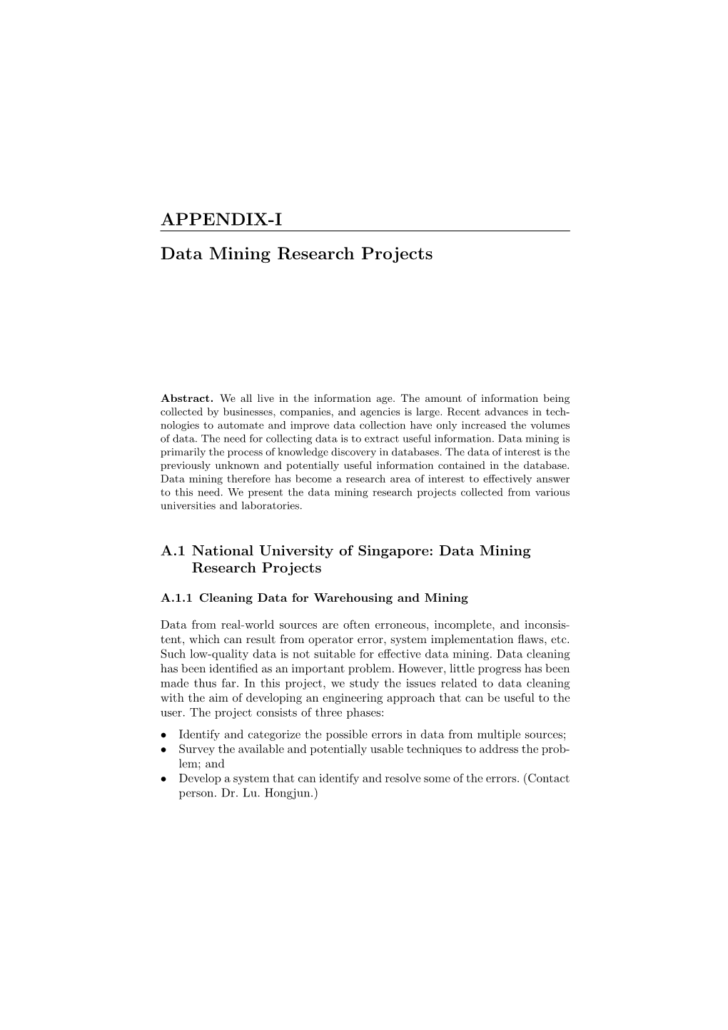 APPENDIX-I Data Mining Research Projects