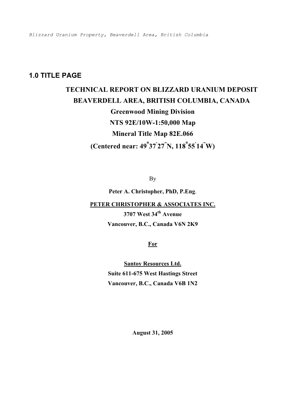 1.0 Title Page Technical Report on Blizzard Uranium