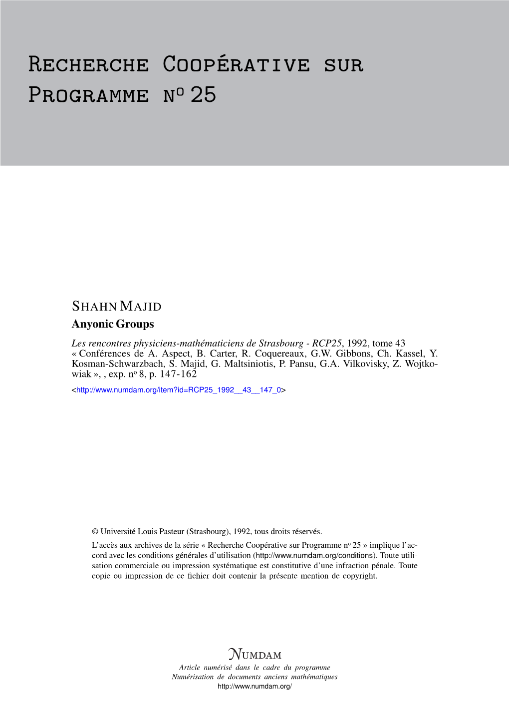 SHAHN MAJID Anyonic Groups Les Rencontres Physiciens-Mathématiciens De Strasbourg - RCP25, 1992, Tome 43 « Conférences De A