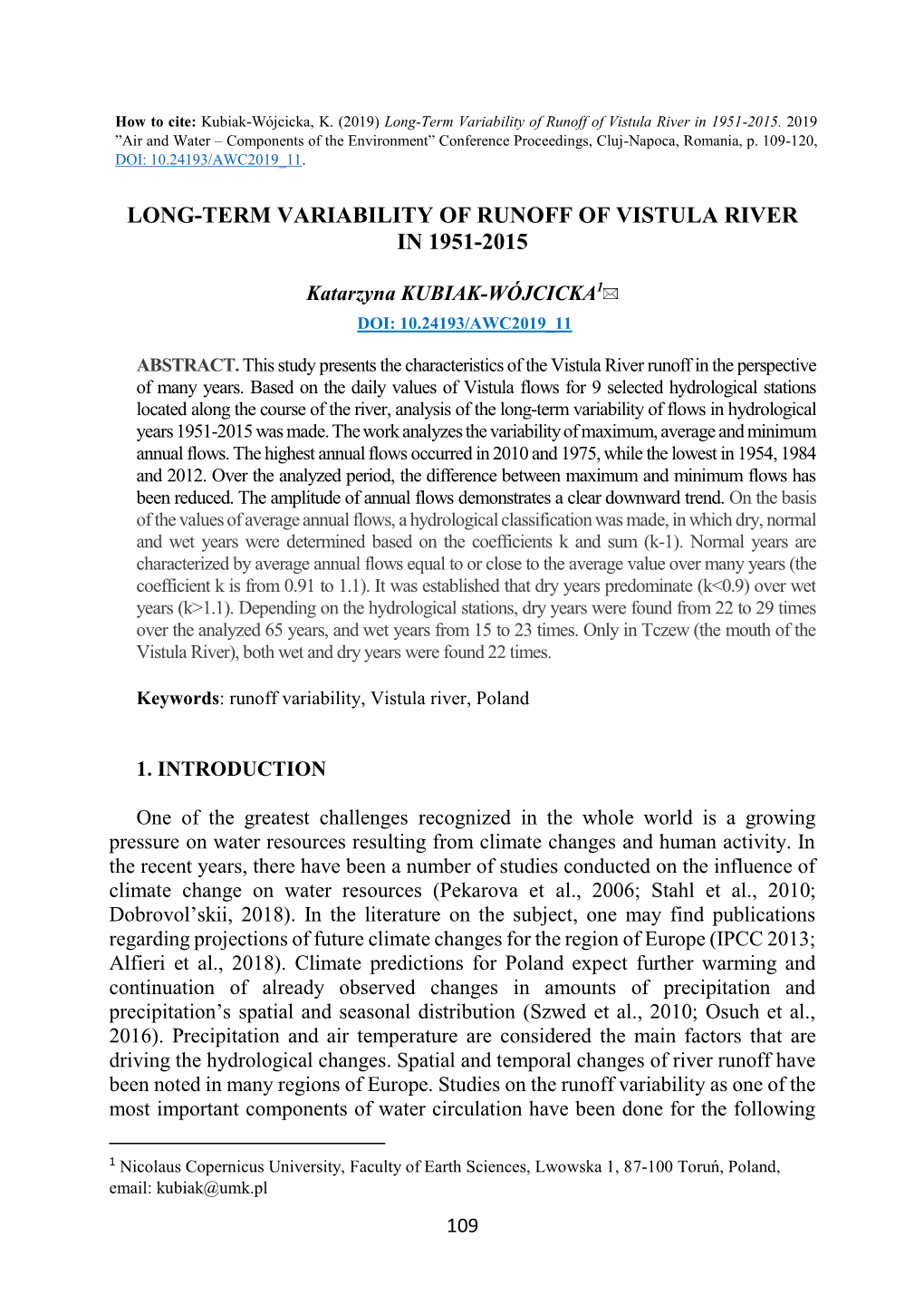 Long-Term Variability of Runoff of Vistula River in 1951-2015
