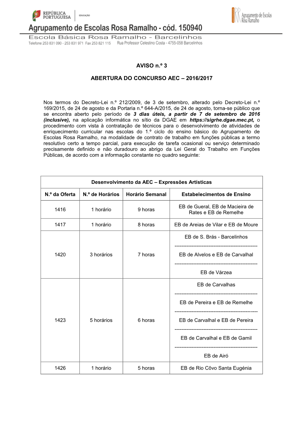 AVISO N.º 3 ABERTURA DO CONCURSO AEC – 2016/2017