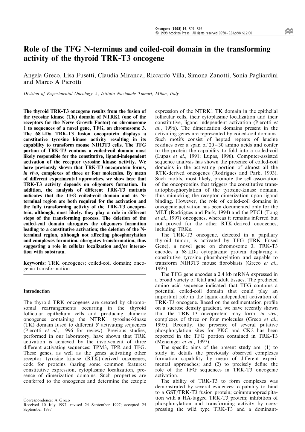 Role of the TFG N-Terminus and Coiled-Coil Domain in the Transforming Activity of the Thyroid TRK-T3 Oncogene